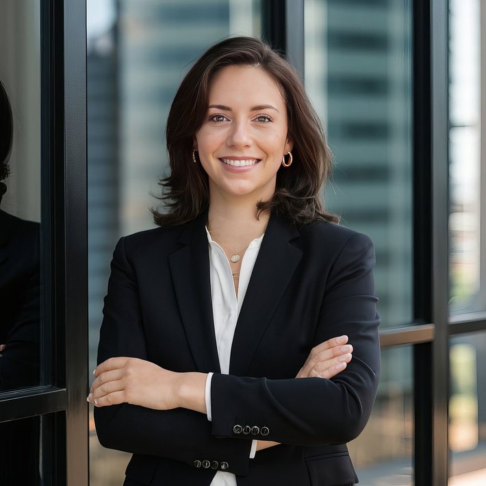 a woman in a suit standing with her arms crossed